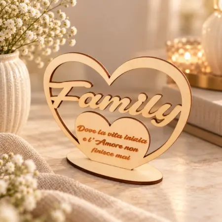 Decorazione in legno a forma di Cuore con dedica alla famiglia
