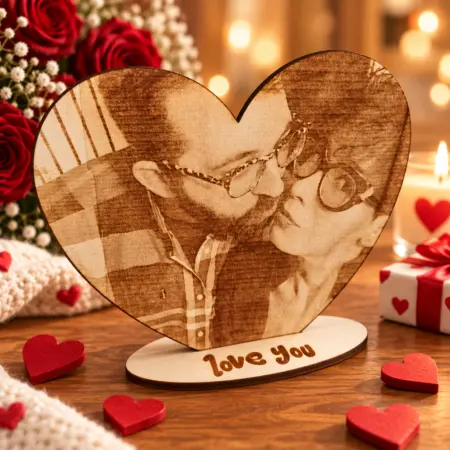 Foto incisa su legno a forma di Cuore