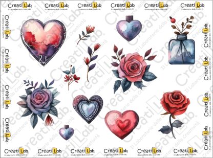 Stickers Adesivi cuori e fiori watercolor  