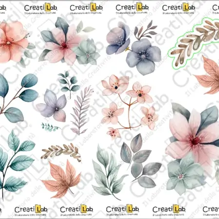Stickers Adesivi Fiori e foglie watercolor rosa