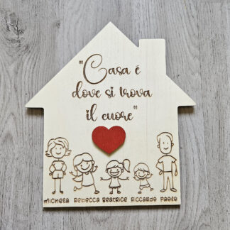 Decorazione in legno "Casa è dove si trova il cuore" con sagome famiglia  