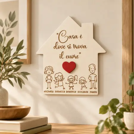 Decorazione in legno "Casa è dove si trova il cuore" con sagome famiglia