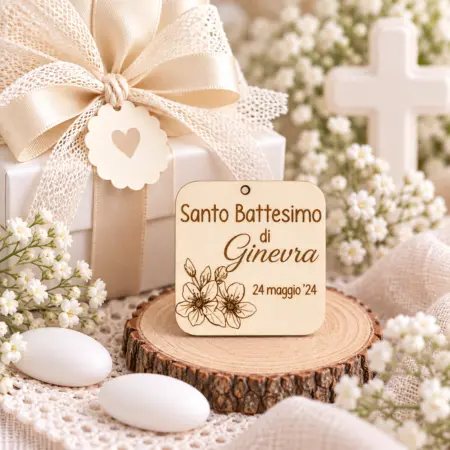 Tag quadrato "Santo Battesimo di" con fiori grandi