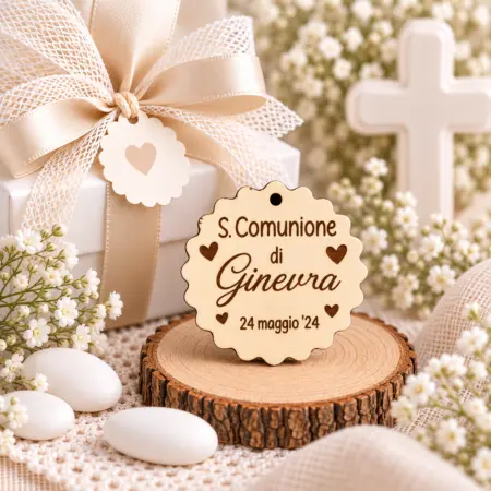 Tag rotondo con onde "S. Comunione di" con cuoricini