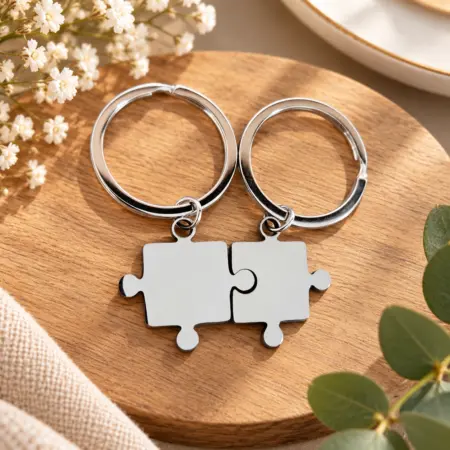 Coppia di Portachiavi in Acciaio a forma di Puzzle