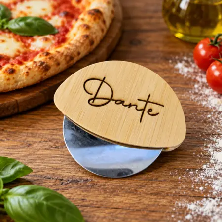 Rotella taglia Pizza in acciaio e bambù personalizzabile