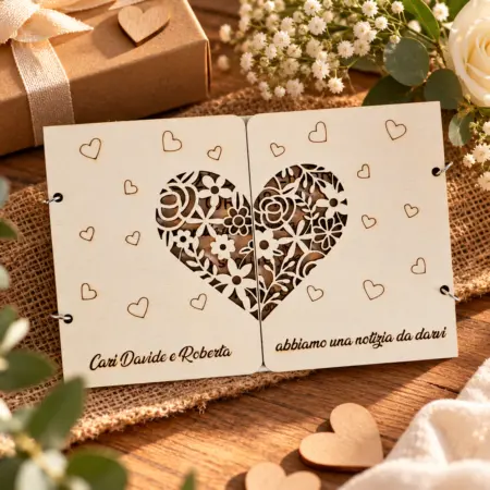 Partecipazione in legno per Matrimonio a libro con cuore