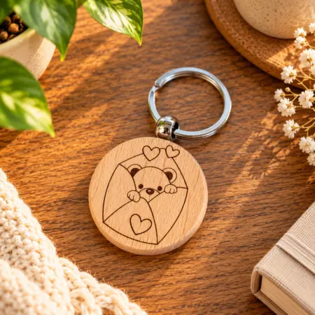 Portachiavi in Legno di Faggio rotondo "Orsetto Lettera Cuoricini"
