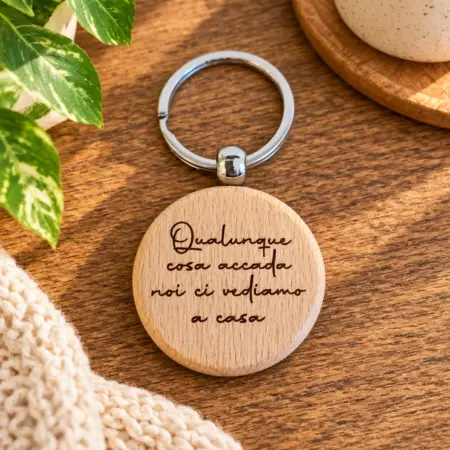 Portachiavi in Legno di Faggio rotondo "Qualunque cosa accada noi ci vediamo a casa"