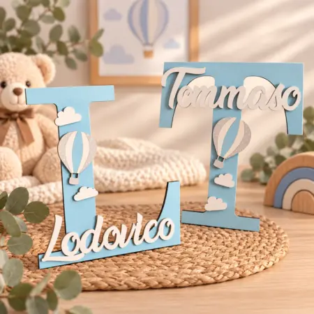 Lettera Decorativa in Legno Personalizzata con nome e mongolfiera