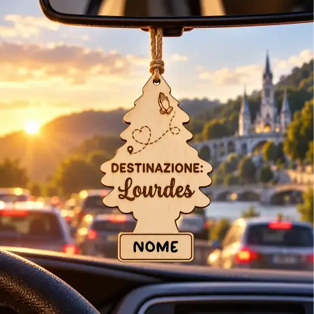 Decorazione in legno per auto "Destinazione Lourdes" Personalizzabile con nome