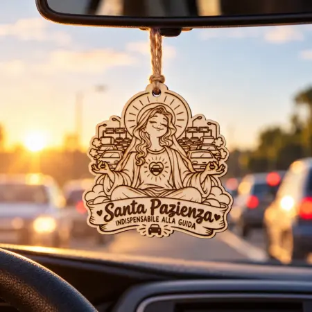 Decorazione in legno per auto " Santa Pazienza"