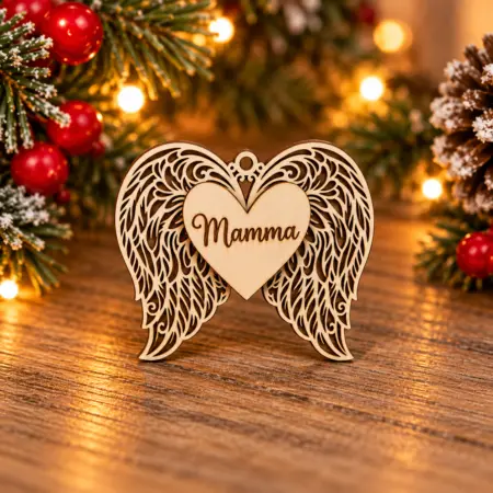 Decorazione Pallina di Natale con Ali d’Angelo e Cuore in Legno personalizzabile