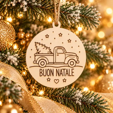 Decorazione Pallina di Natale in legno Furgoncino con albero