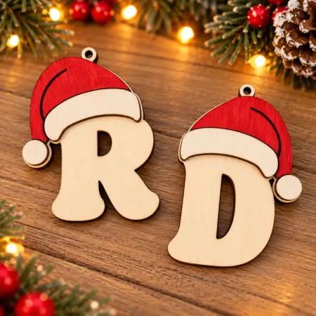 Decorazione Pallina di Natale Lettera in Legno con Cappello di Babbo Natale