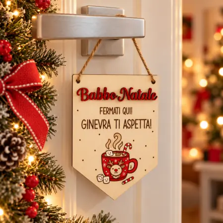 Fuoriporta “Babbo Natale Fermati Qui” Personalizzato con Tazza di cioccolata e Renna