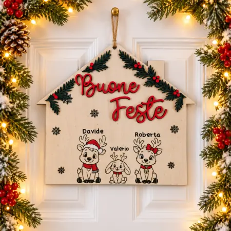 Fuoriporta Casetta di Natale con Renne Personalizzata con Nomi della Famiglia