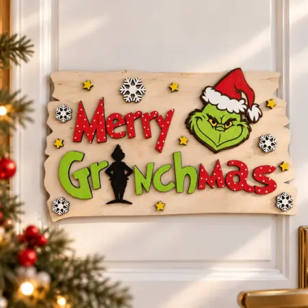Targa Natalizia Fuoriporta Merry Grinchmas in Legno