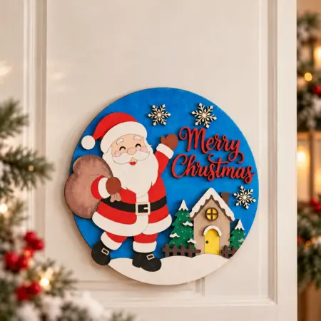 Fuoriporta Natalizio in legno Merry Christmas con Babbo Natale