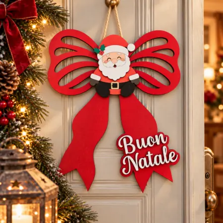 Fuoriporta Natalizio Fiocco in Legno con Babbo Natale