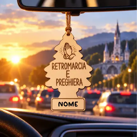Decorazione in legno per auto "Retro marcia e preghiera" Personalizzabile con nome