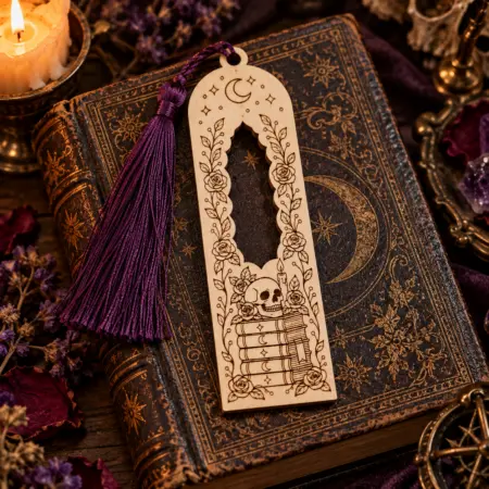 Segnalibro in Legno “Dark Library” con Teschio, Rose e Luna