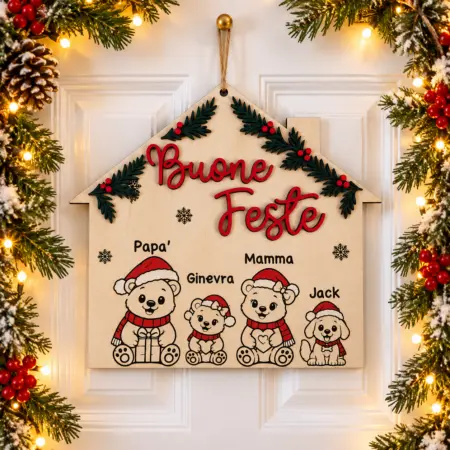 Fuoriporta Casetta di Natale con Orsetti Personalizzata in Legno